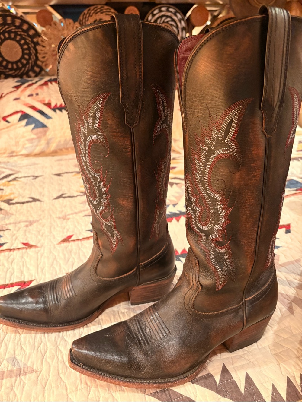 freebird Brown Leather Western Heeled Boots with Red & Silver Stitching